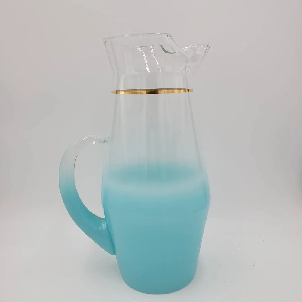 Vintage Blendo Turquoise Ombre Glass Pitcher Gold Rim Mid Century Modern Frosted